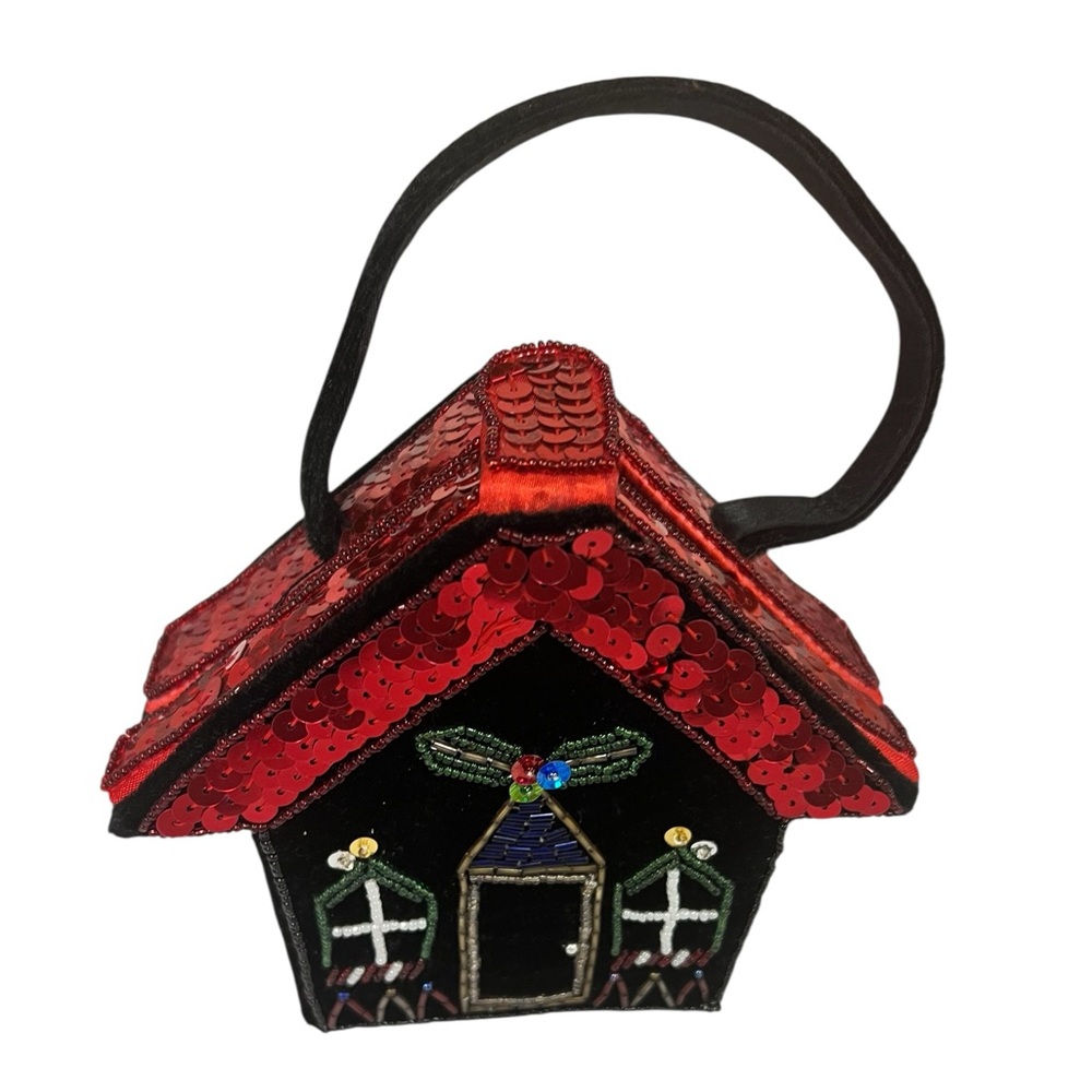 Vintage Red Sequined Roof House-Shaped Beaded Sequined Shoulder Bag w/ Strap